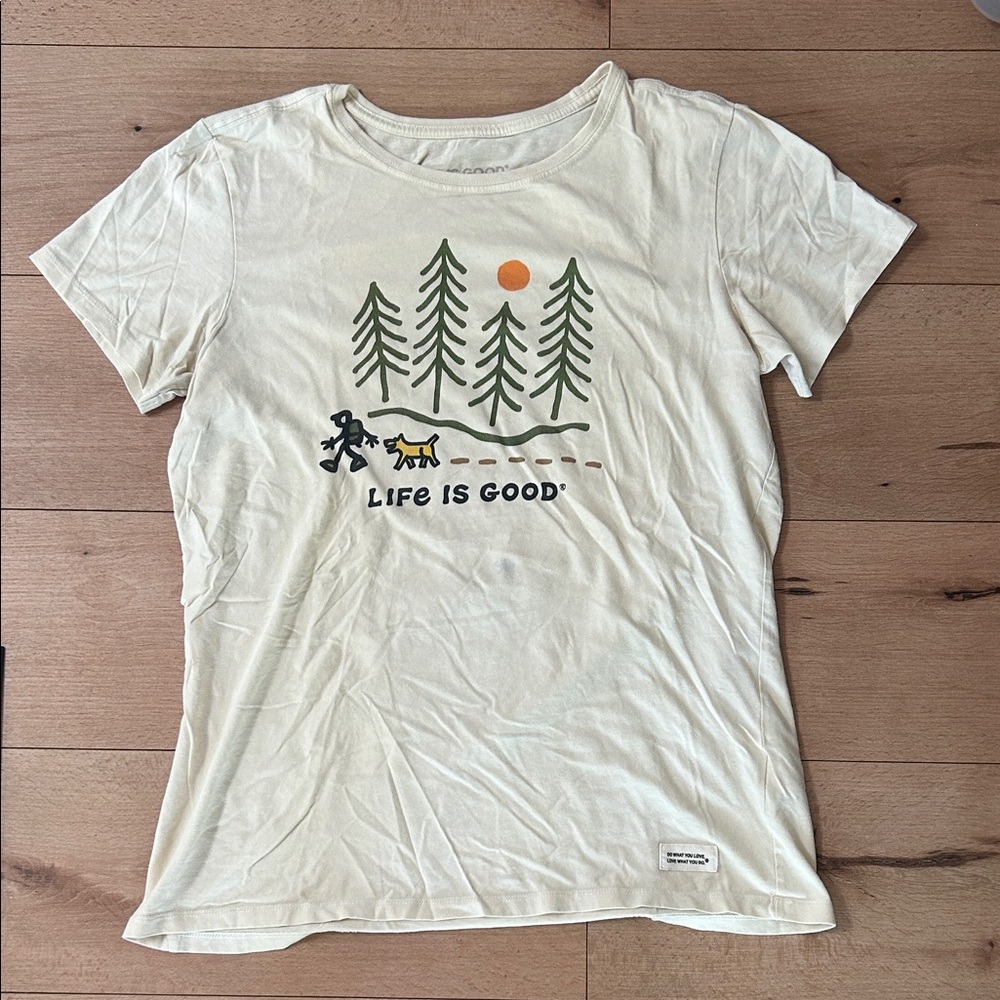 Life Is Good Cream Tee with Forest & Dog Graphic